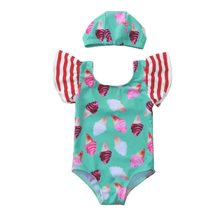 UUBLIK Ice Cream Print Girls One-Piece Swimsuit Set with Hat - Cute Ruffle Design, Perfect for Toddl | AmazPromo