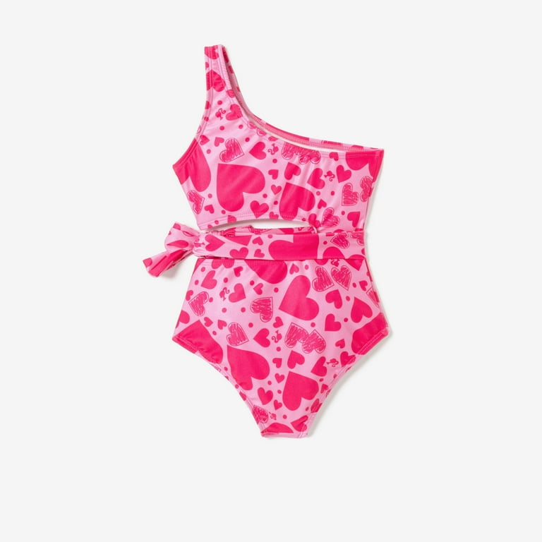 Barbie Girls Bikini One Shoulder Swimsuit – High Waisted Pink Heart Bowknot Bathing Suit | Trendy Ki | AmazPromo