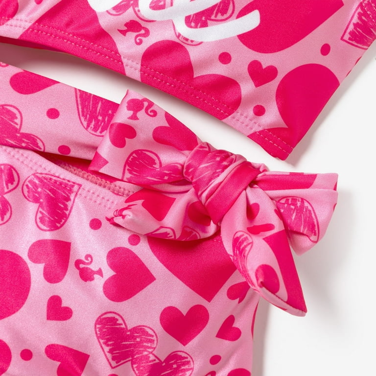 Barbie Girls Bikini One Shoulder Swimsuit – High Waisted Pink Heart Bowknot Bathing Suit | Trendy Ki extra image
