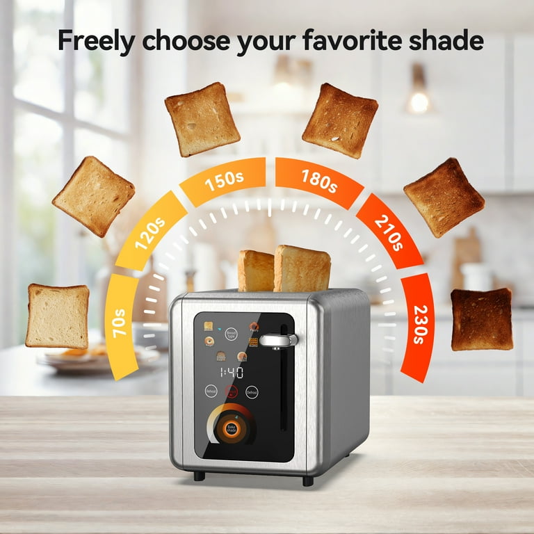 WHALL Smart Touchscreen Toaster - 2 Slice Stainless Steel Toaster with Extra-Wide Slots, 6 Shade Set | AmazPromo