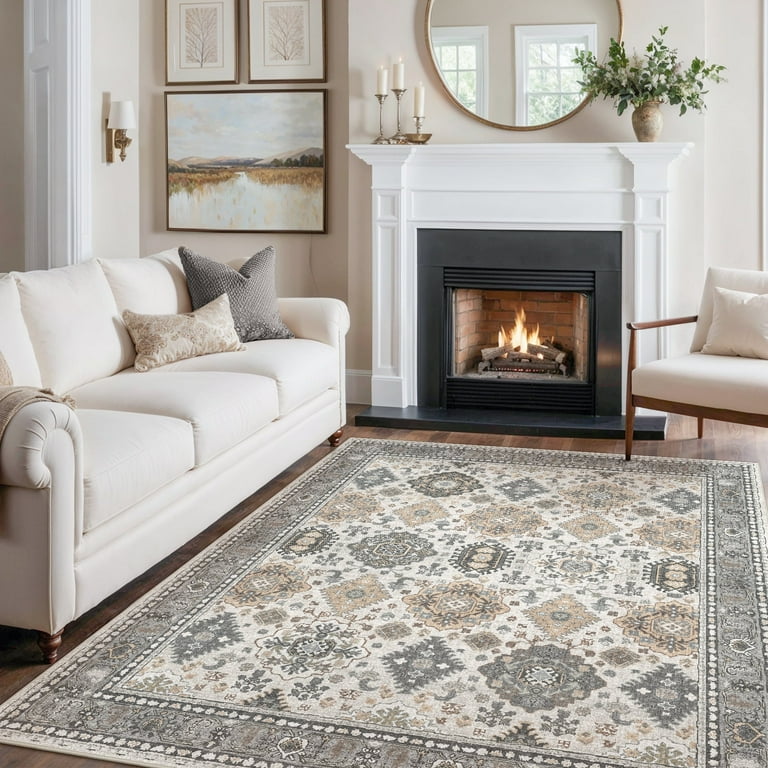 KUETH 8x10 Washable Area Rug for Living Room - Ultra-Thin Vintage Chenille Rug with Non-Slip Backing | AmazPromo