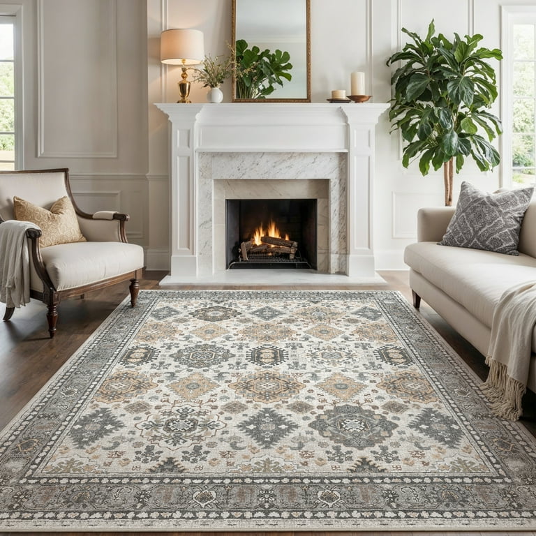 KUETH 8x10 Washable Area Rug for Living Room - Ultra-Thin Vintage Chenille Rug with Non-Slip Backing | AmazPromo