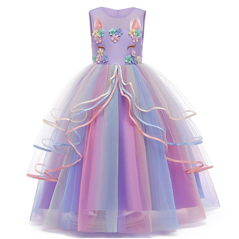 HAWEE Unicorn Princess Dress for Girls – Rainbow Tulle Flower Gown, Sleeveless Birthday & Party Dres | AmazPromo