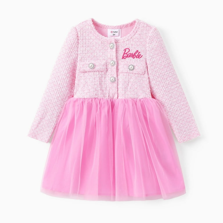 Barbie Girls Tutu Dress – Elegant Long Sleeve Pink Outfit with Embroidered Logo & Pearl Buttons | | AmazPromo