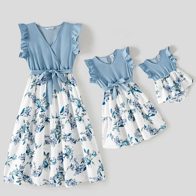 Mommy and Me Matching Summer Dresses for Girls 8-9T – Blue Floral Sleeveless Ruffle Sundress | PatPa | AmazPromo