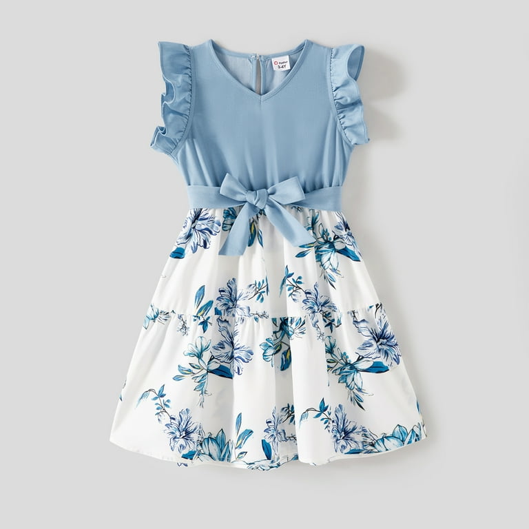 Mommy and Me Matching Summer Dresses for Girls 8-9T – Blue Floral Sleeveless Ruffle Sundress | PatPa extra image