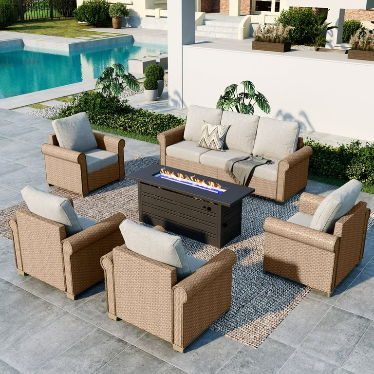 Summit Living 7-Seat Outdoor Patio Set with 56'' Fire Pit Table – All-Weather Wicker Conversation | AmazPromo