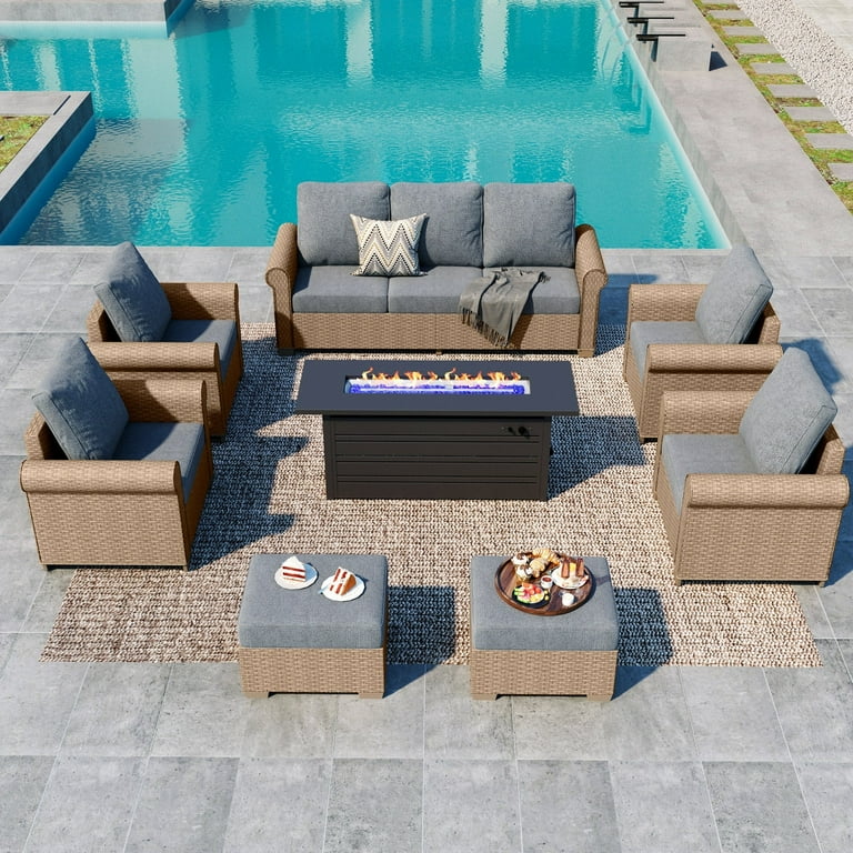 Summit Living 9-Seat Outdoor Patio Set with 56" Fire Pit Table – Luxury All-Weather Wicker | AmazPromo