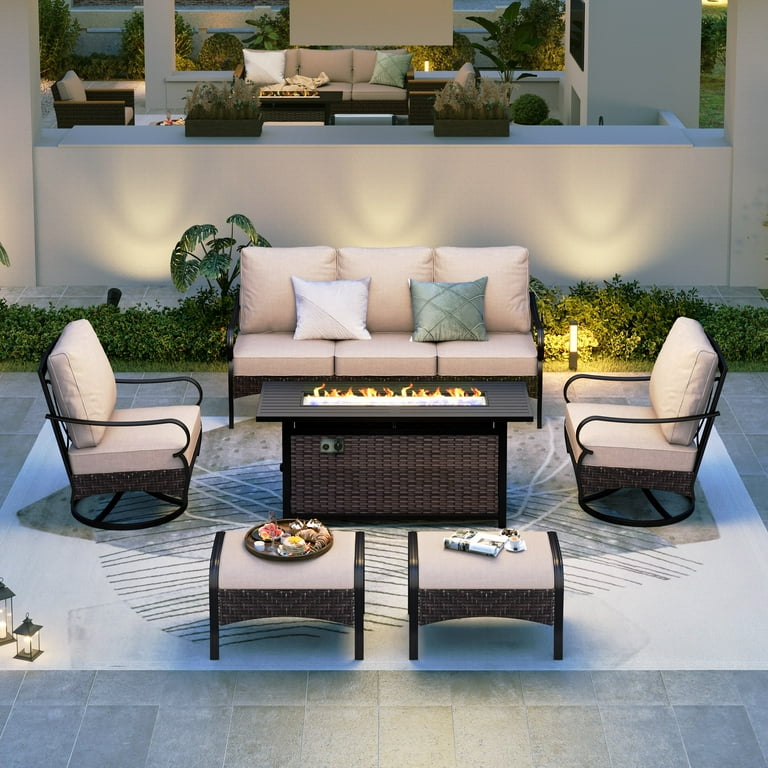 Summit Living Luxury 7-Piece Patio Conversation Set with 57" Propane Fire Pit Table, Swivel Chairs | AmazPromo
