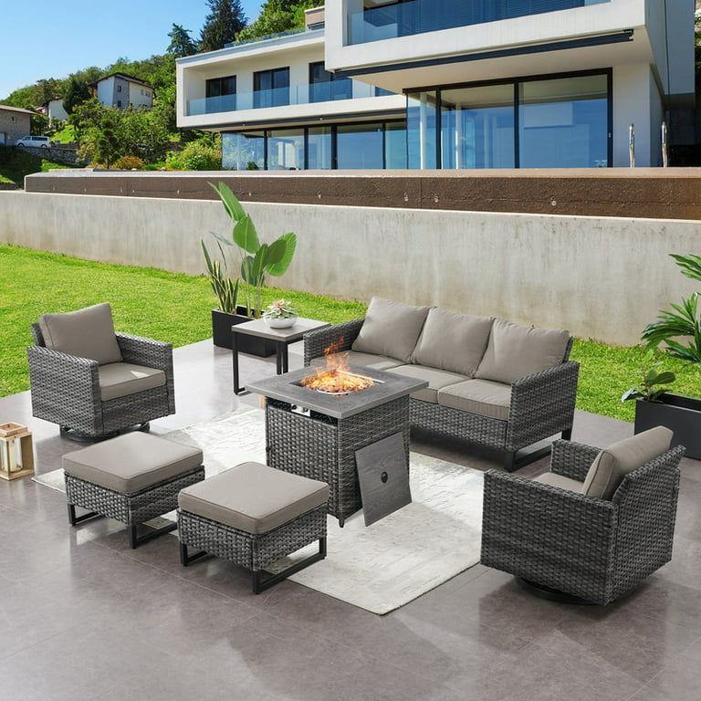 PARKWELL 7-Piece Outdoor Patio Furniture Set with 50,000 BTU Propane Fire Pit Table, Rattan Wicker | AmazPromo