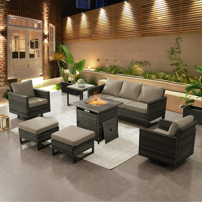 PARKWELL 7-Piece Outdoor Patio Furniture Set with 50,000 BTU Propane Fire Pit Table, Rattan Wicker | AmazPromo