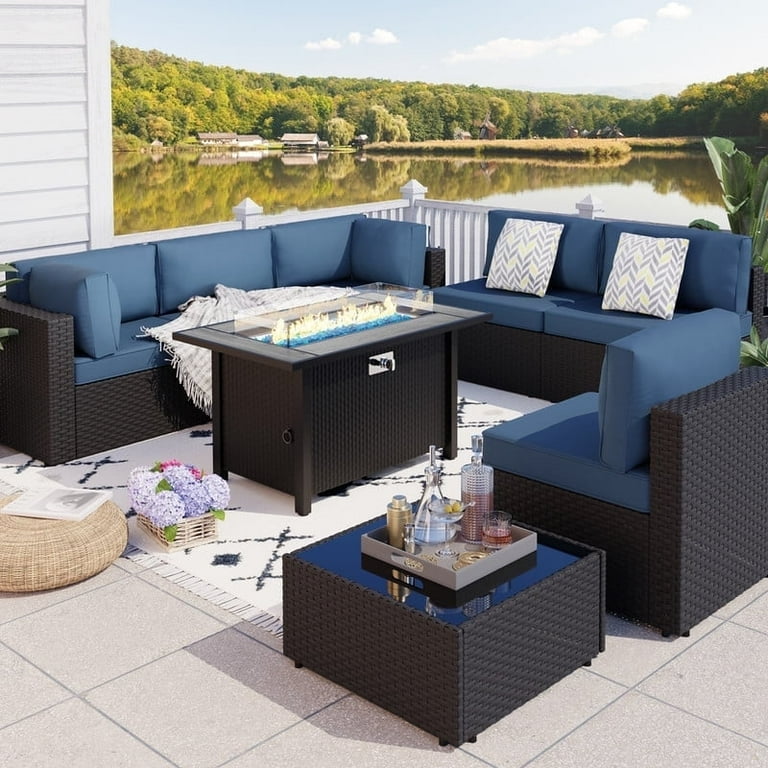 Walsunny 8-Piece Outdoor Patio Furniture Set with 45" Propane Fire Pit Table – Modular Black Rattan | AmazPromo