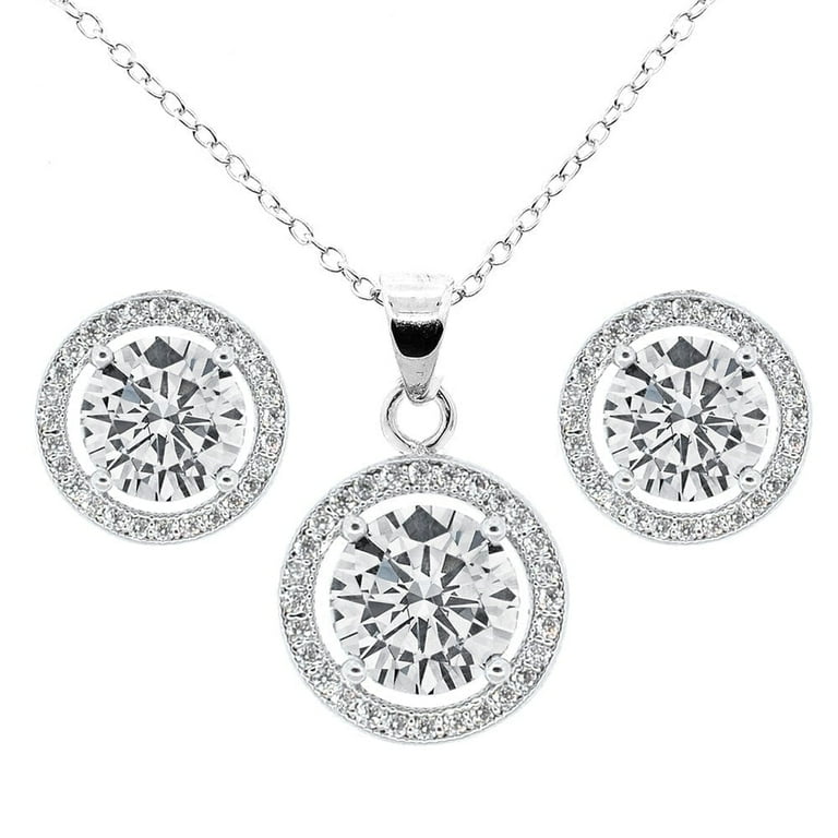 Cate & Chloe Ariel 18k White Gold Plated Halo Necklace & Earrings Set – Dazzling Simulated Diamond | AmazPromo