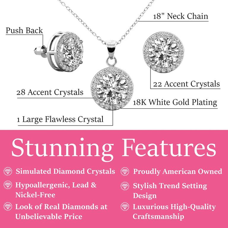Cate & Chloe Ariel 18k White Gold Plated Halo Necklace & Earrings Set – Dazzling Simulated Diamond | AmazPromo