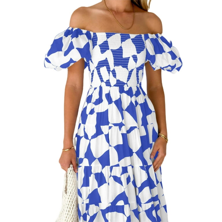 PRETTYGARDEN Boho Off Shoulder Puff Sleeve Summer Midi Dress for Women – Flowy Smocked Fit & Flare | AmazPromo