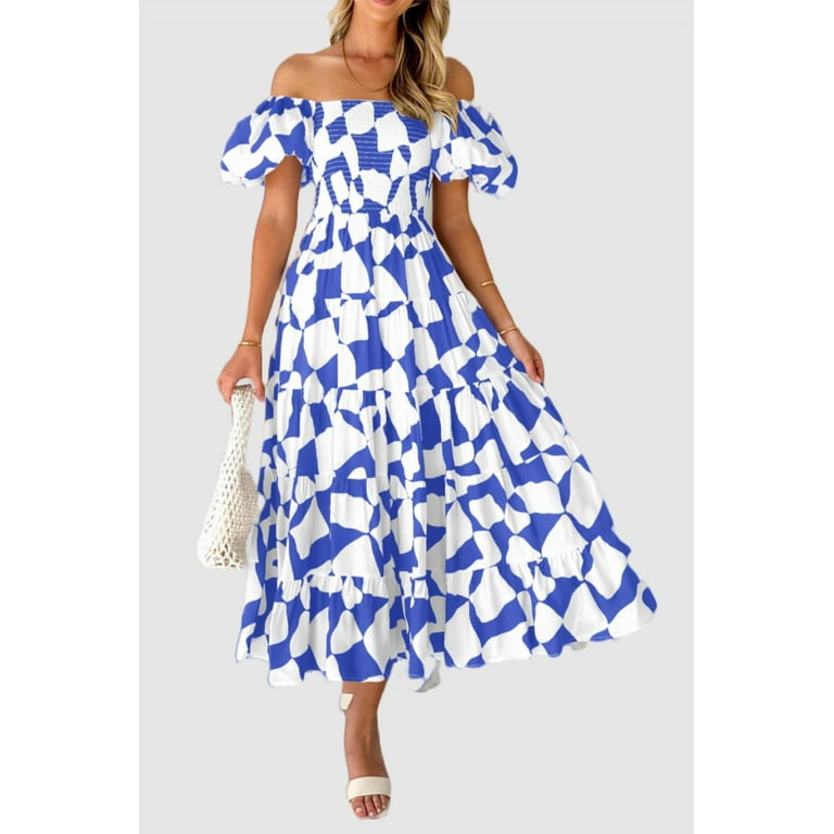 PRETTYGARDEN Boho Off Shoulder Puff Sleeve Summer Midi Dress for Women – Flowy Smocked Fit & Flare | AmazPromo