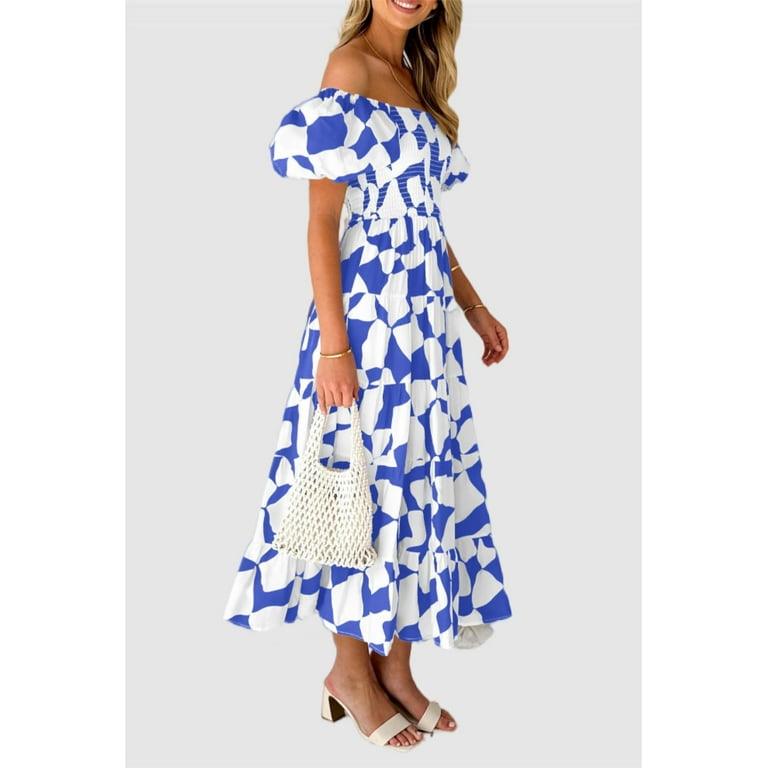 PRETTYGARDEN Boho Off Shoulder Puff Sleeve Summer Midi Dress for Women – Flowy Smocked Fit & Flare | AmazPromo