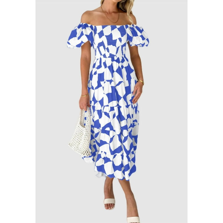 PRETTYGARDEN Boho Off Shoulder Puff Sleeve Summer Midi Dress for Women – Flowy Smocked Fit & Flare extra image