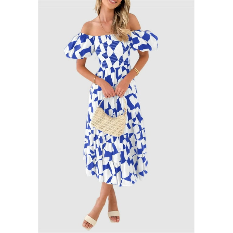 PRETTYGARDEN Boho Off Shoulder Puff Sleeve Summer Midi Dress for Women – Flowy Smocked Fit & Flare extra image
