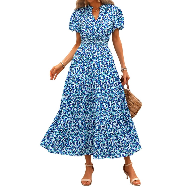 PRETTYGARDEN Boho Maxi Dress for Women Summer 2025 – Floral Puff Sleeve V Neck Flowy Beach Dress | AmazPromo