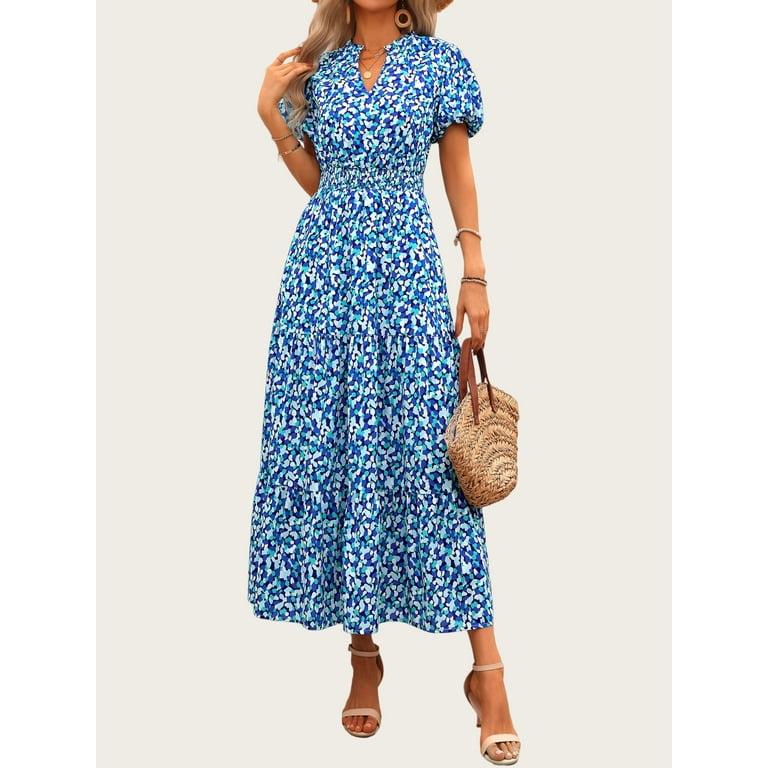 PRETTYGARDEN Boho Maxi Dress for Women Summer 2025 – Floral Puff Sleeve V Neck Flowy Beach Dress | AmazPromo