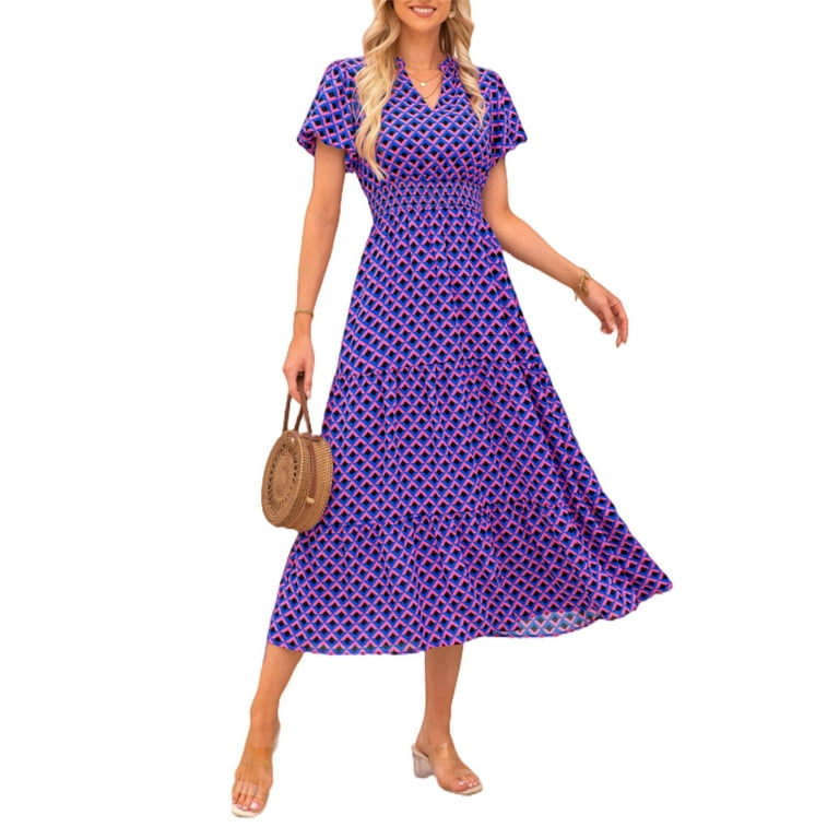 PRETTYGARDEN Women’s Boho Maxi Dress – V Neck Puff Sleeve Summer Floral Smocked Flowy Dress | AmazPromo