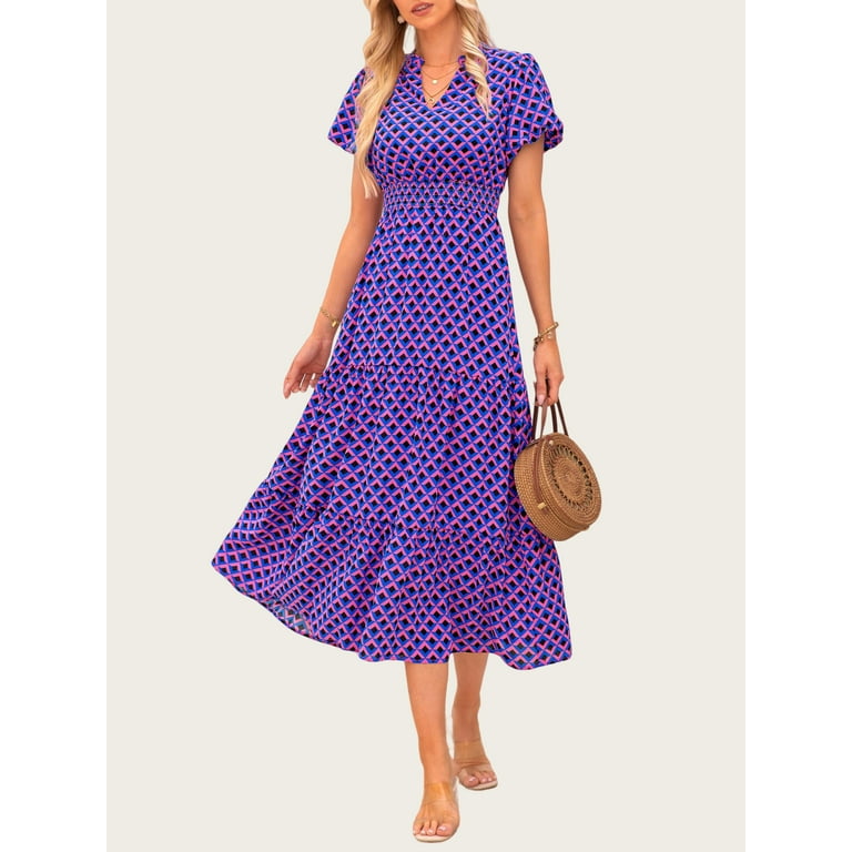 PRETTYGARDEN Women’s Boho Maxi Dress – V Neck Puff Sleeve Summer Floral Smocked Flowy Dress | AmazPromo