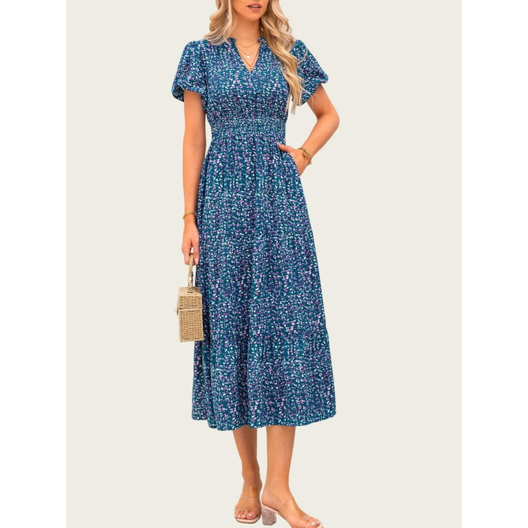 PRETTYGARDEN Boho Summer Maxi Dress for Women – Smocked V Neck Puff Sleeve Floral Long Flowy Casual | AmazPromo