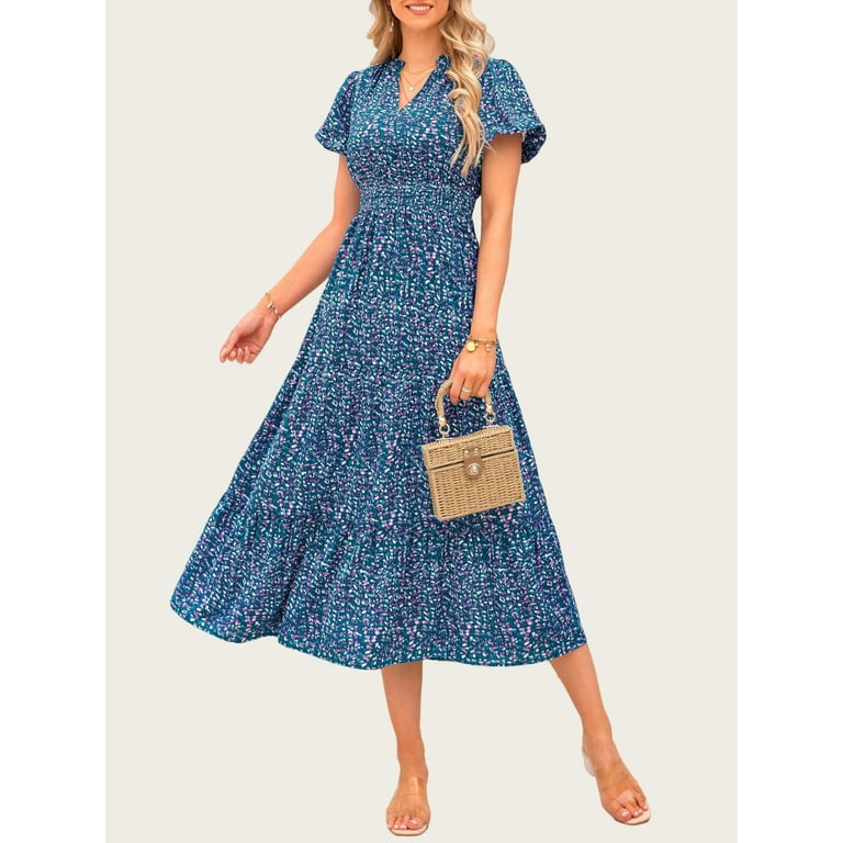 PRETTYGARDEN Boho Summer Maxi Dress for Women – Smocked V Neck Puff Sleeve Floral Long Flowy Casual | AmazPromo