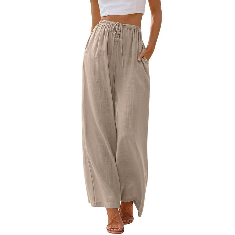 TEMOFON Women's Wide Leg Linen Pants - Flowy Palazzo Summer Trousers with Pockets & Drawstring | | AmazPromo