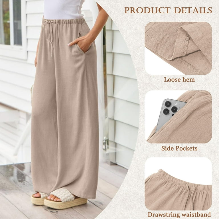 TEMOFON Women's Wide Leg Linen Pants - Flowy Palazzo Summer Trousers with Pockets & Drawstring | | AmazPromo