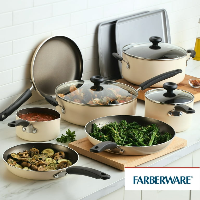 Farberware Easy Clean 22-Piece Nonstick Cookware Set, Almond – Dishwasher Safe Aluminum Pots | AmazPromo