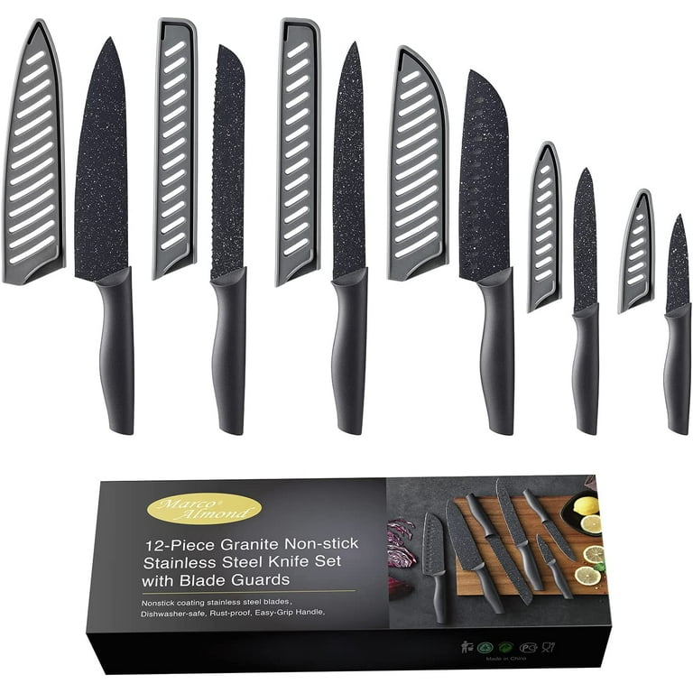 Marco Almond 12-Piece Chef Knife Set with Blade Guards – Ultra Sharp Stainless Steel Black Kitchen | AmazPromo