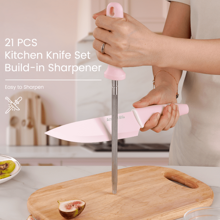 Astercook 21-Piece Pink Knife Set with Acrylic Block & Sharpener – Premium German Stainless Steel | AmazPromo