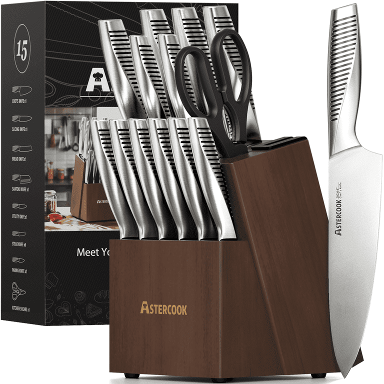 Astercook 15-Piece German Stainless Steel Knife Set with Built-In Sharpener – Full Tang Kitchen Kniv | AmazPromo