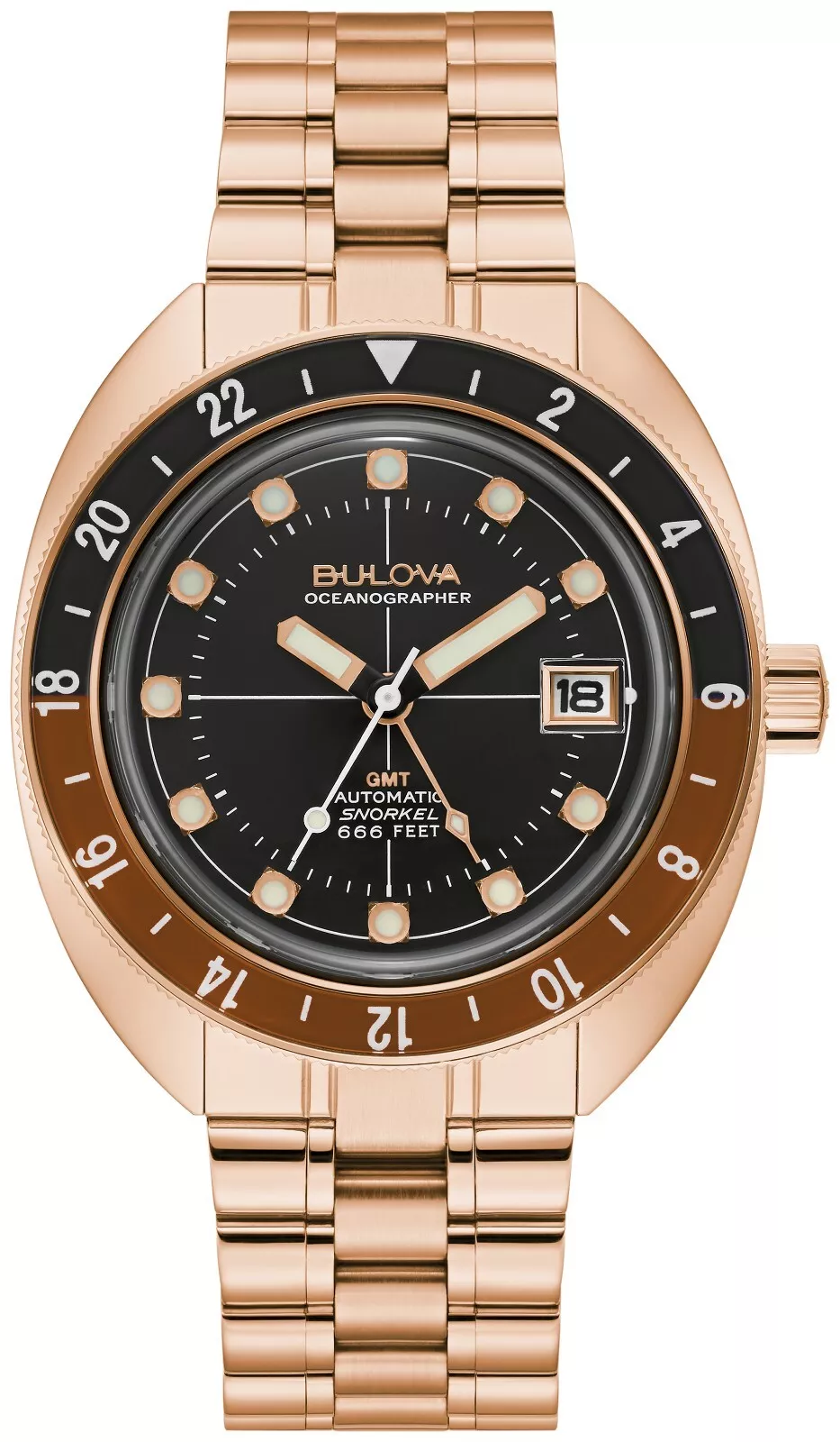 Bulova Oceanographer GMT Automatic Men's Watch 97B215 – 41mm Root Beer Bezel in Rose Gold-Tone Stain | AmazPromo