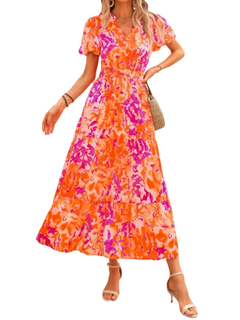 PRETTYGARDEN Boho Floral Maxi Dress for Women – Smocked Waist V Neck Summer Dress with Pockets, Puff | AmazPromo