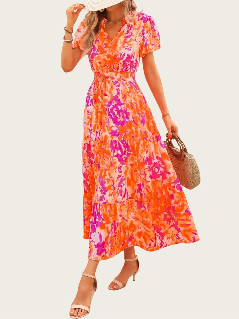 PRETTYGARDEN Boho Floral Maxi Dress for Women – Smocked Waist V Neck Summer Dress with Pockets, Puff | AmazPromo