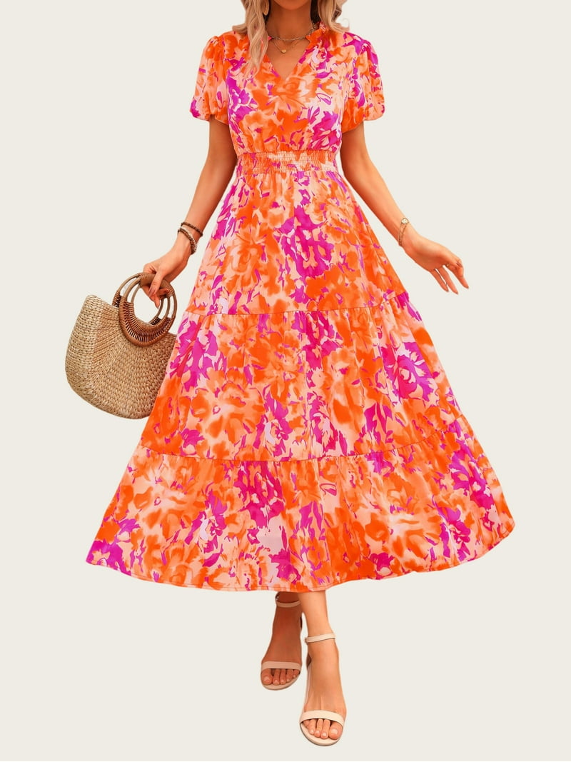 PRETTYGARDEN Boho Floral Maxi Dress for Women – Smocked Waist V Neck Summer Dress with Pockets, Puff | AmazPromo