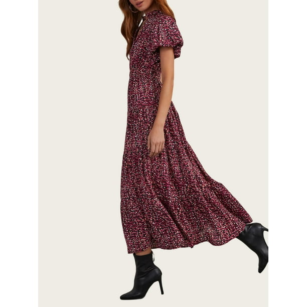 PRETTYGARDEN Boho Maxi Dress for Women – Smocked Floral Summer Dress with Puff Sleeves & V-Neck | extra image