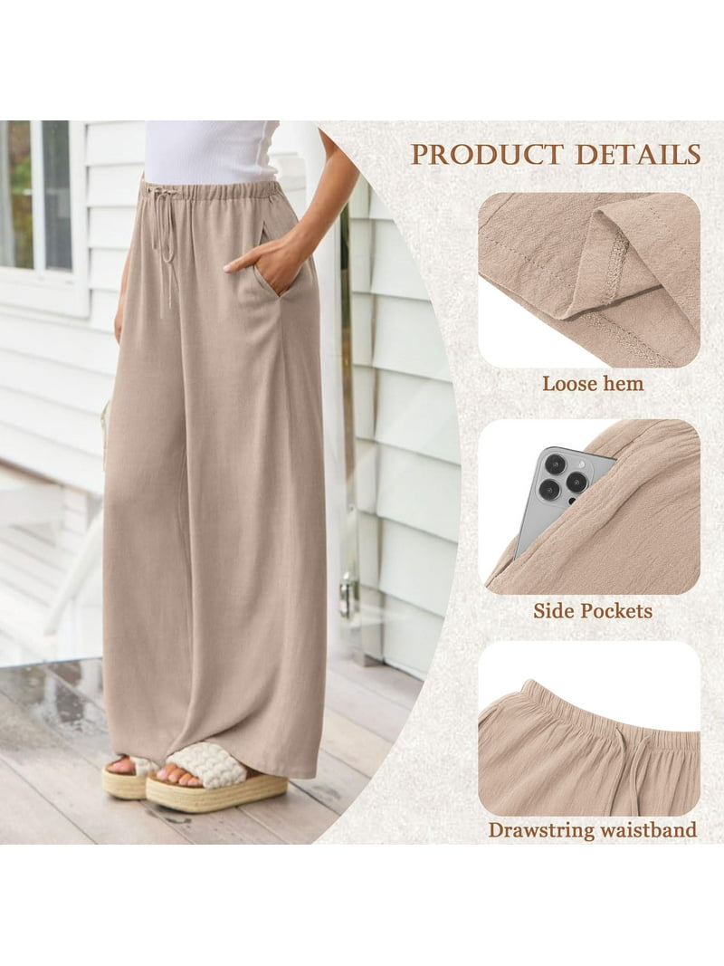 TEMOFON Women’s Linen Wide Leg Palazzo Pants – Lightweight Flowy Khaki Summer Trousers with Drawstri | AmazPromo