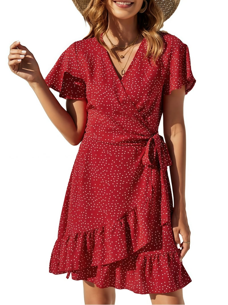 UVN Women's Boho Floral Wrap Dress – V Neck Short Sleeve Midi Summer Sundress with Belt for Beach | AmazPromo