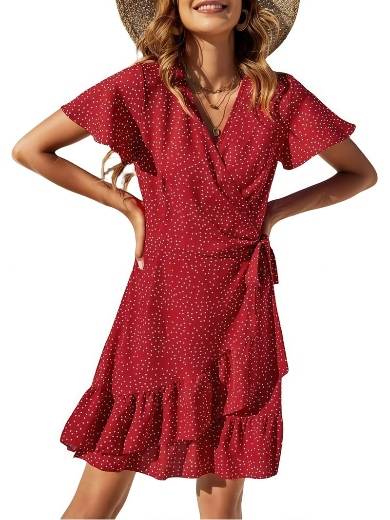 UVN Women's Boho Floral Wrap Dress – V Neck Short Sleeve Midi Summer Sundress with Belt for Beach | AmazPromo