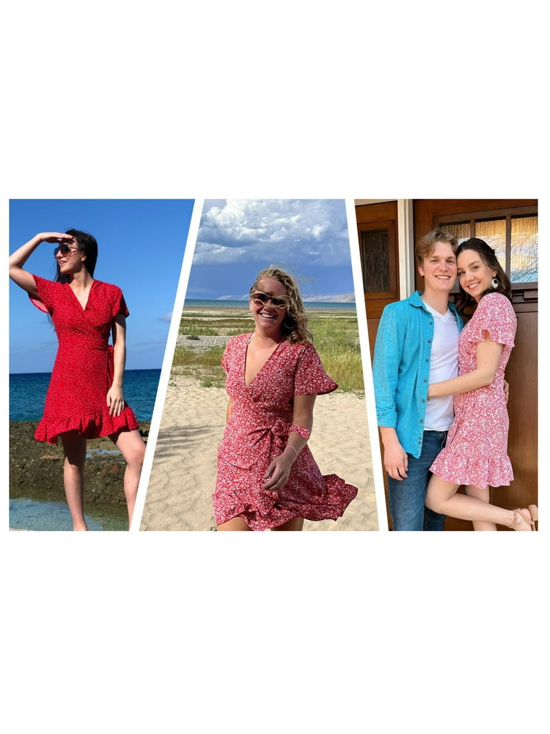 UVN Women's Boho Floral Wrap Dress – V Neck Short Sleeve Midi Summer Sundress with Belt for Beach extra image