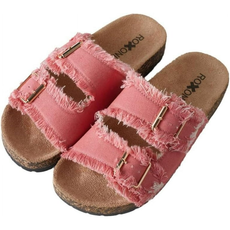 Roxoni Women's Pink Suede Slip-On Sandals with Double Adjustable Buckle – Arch Support Comfort Slide | AmazPromo