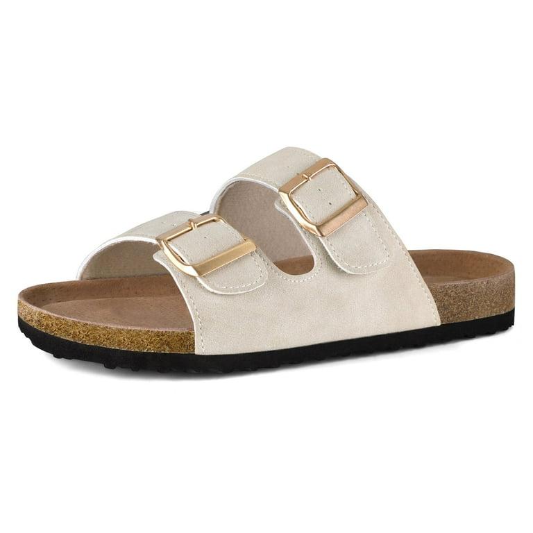Pennysue Women's Cork Slide Sandals with Arch Support – Adjustable Buckle, Off-White Slip-On Flat Su | AmazPromo