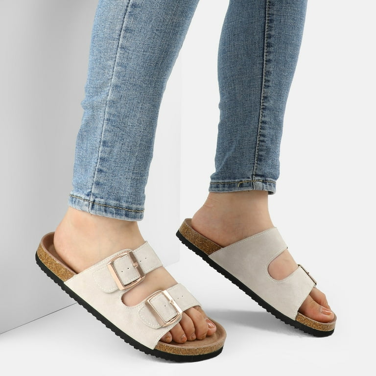 Pennysue Women's Cork Slide Sandals with Arch Support – Adjustable Buckle, Off-White Slip-On Flat Su extra image