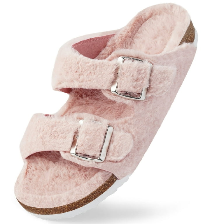HARVEST LAND Women’s Cozy Cork Slide Sandals – Furry Lined Winter House Slippers with Adjustable Buc | AmazPromo