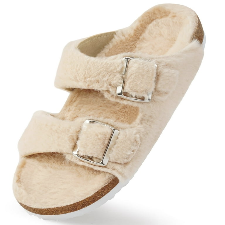 HARVEST LAND Women's Cozy Cork Slide Sandals – Furry Winter House Slippers with Adjustable Buckle | AmazPromo