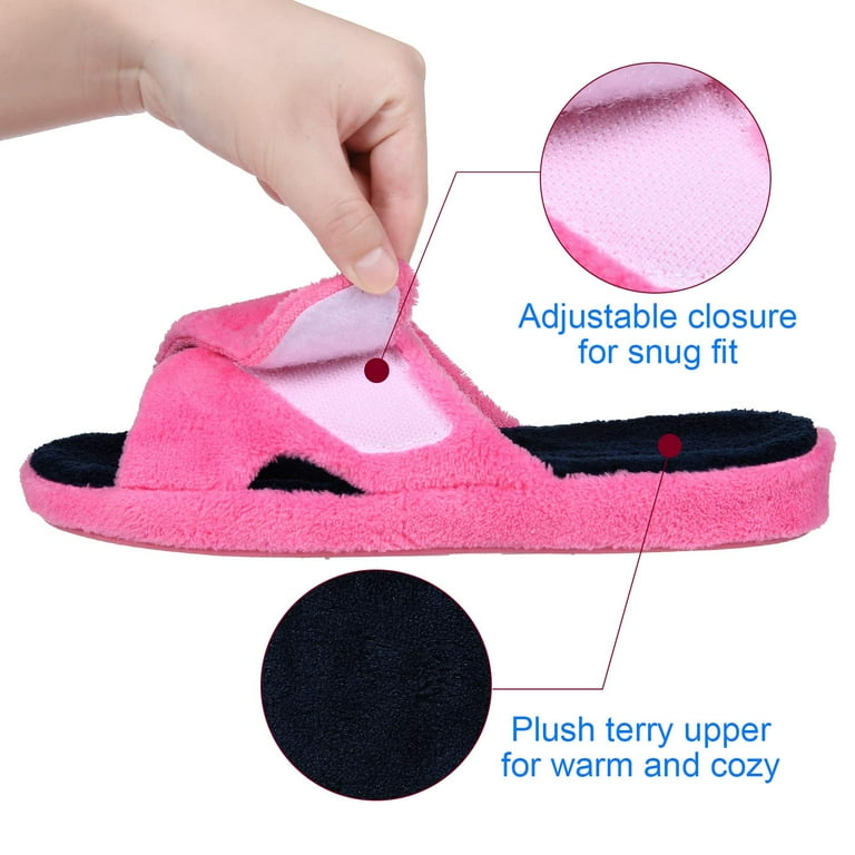 Litfun Women’s Arch Support Fuzzy Slippers – Adjustable Open Toe Plush House Slides with Memory Foam | AmazPromo